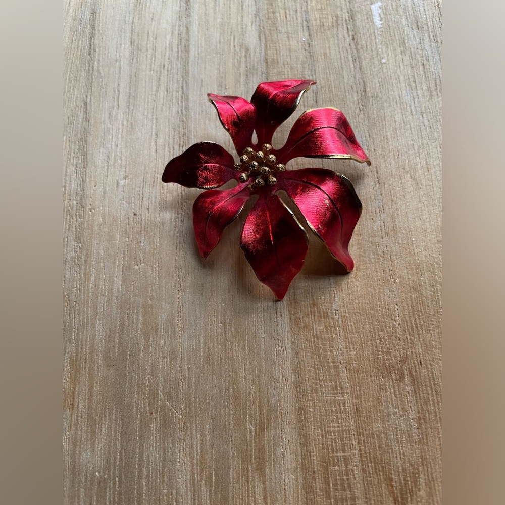 CERRITO Signed Red Enamel Christmas Poinsettia Pin Brooch